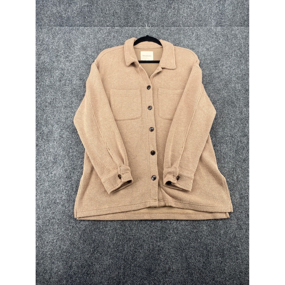 Thread & Supply Ribbed Knit Shacket Jacket Women Small Tan Button Up Long Sleeve